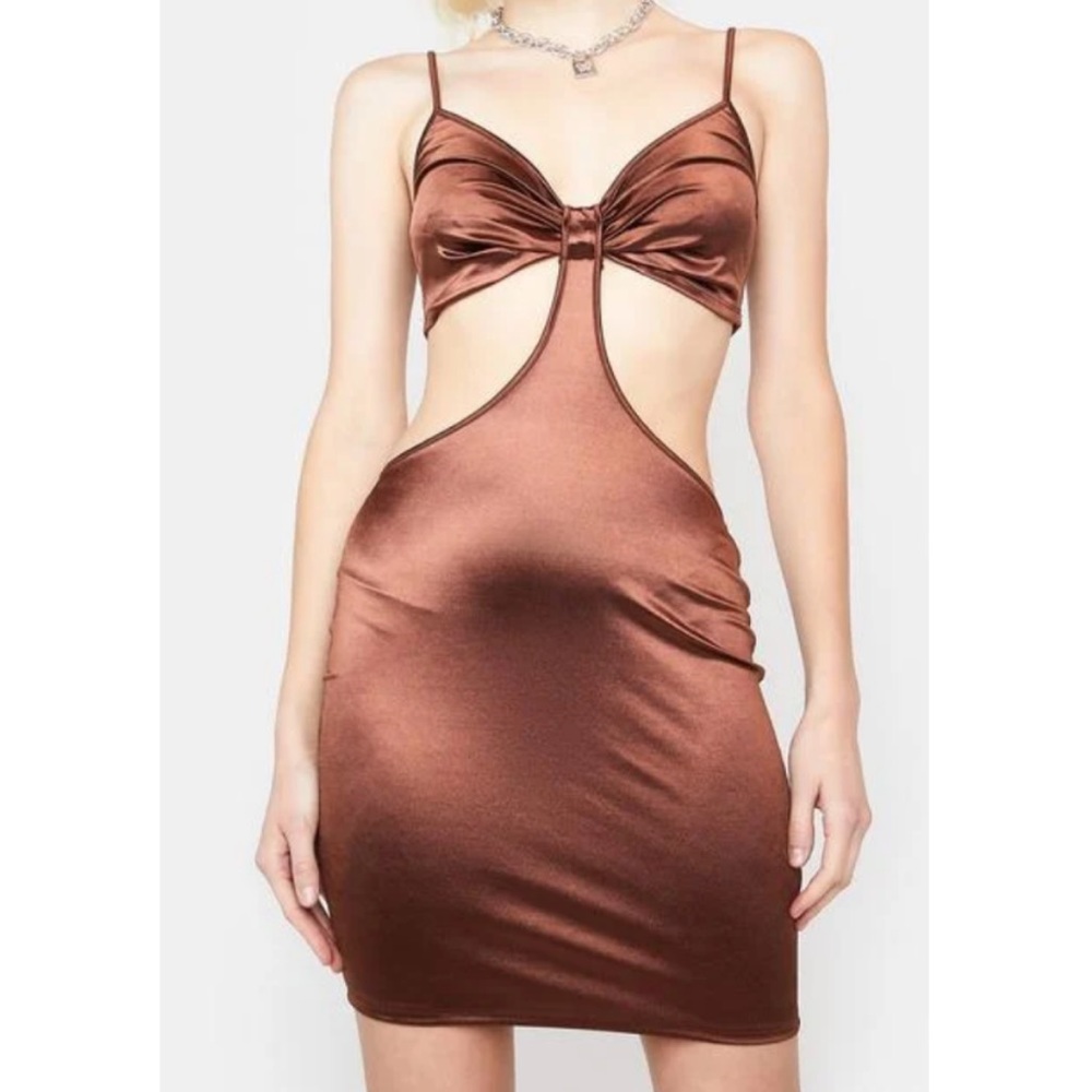 Brown satin bodycon dress with cutouts